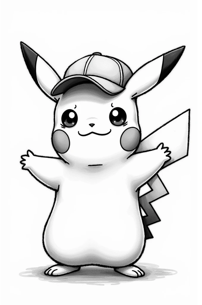 Hand drawn, black and white, Pikachu wearing backwards ball cap