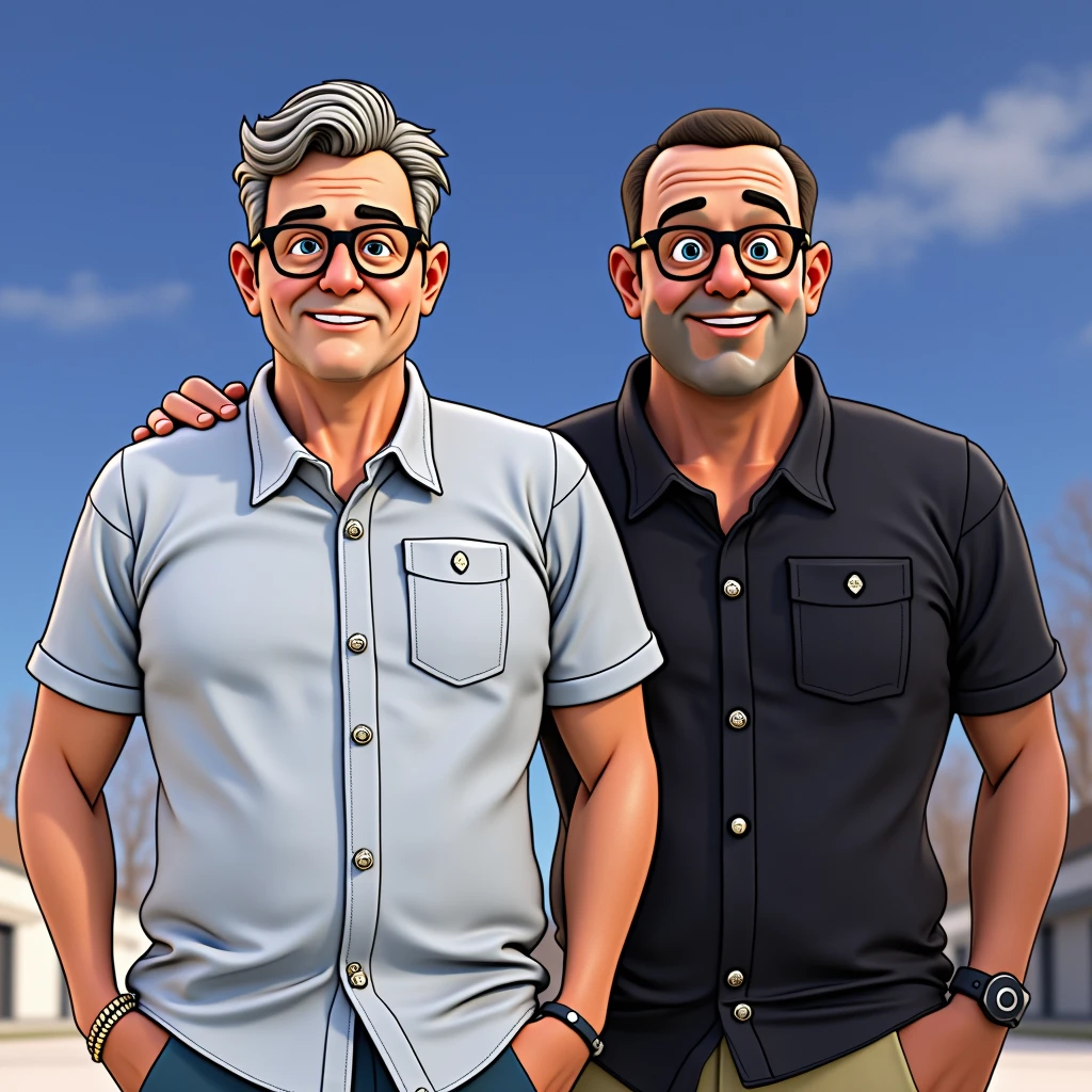 Cartoon character of a man wearing black glasses and a blue shirt, um personagem animado, Caractere estilizado, animation style rendering, 3D estilizado, Arnold Maya render, 3 d render stylized, toon render keyshot, Personagem 3D, Personagem 3D, 3d rendering stylized, 3 d character render, personagem de desenho animado, Personagem de close up, Pose de personagem, (Estilo Pixar) (master part:1.2) (Bokeh) (best quality) (pele detalhada) (textura detalhada) (8k) (argila) (Cinematic lighting) (foco nítido) two middle-aged  small town.