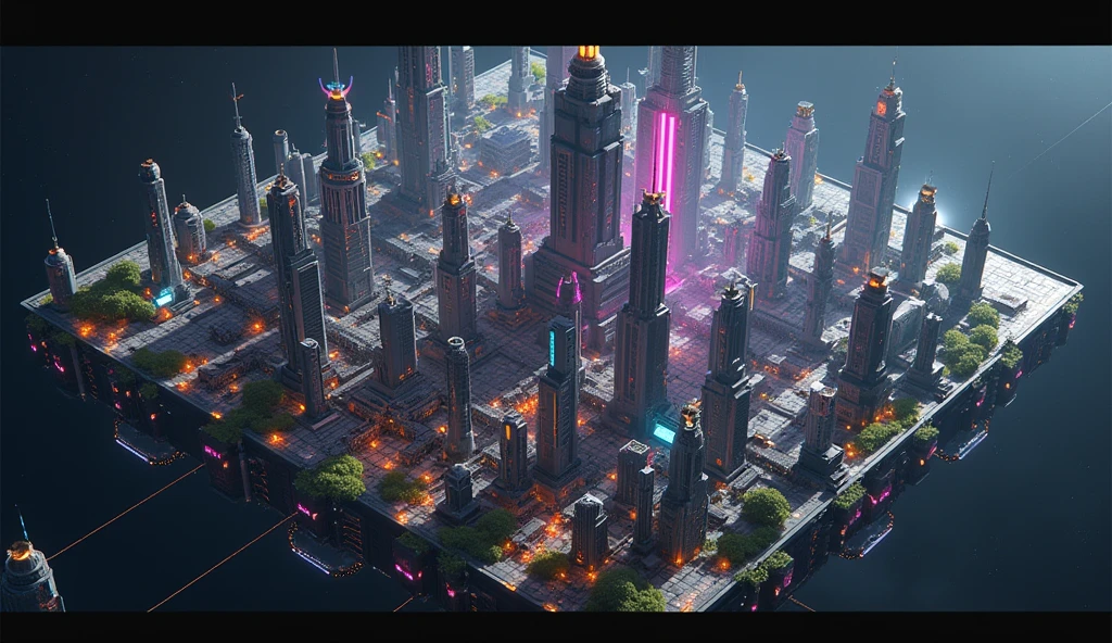 big cool futuristic scifi cyberpunk city on space cube station, above on the black space, yellow futuristic cyberpunk city, hologram, LED lighting on scifi arc building, green plant on building of city, 8K, full HD, 3d render, Unreal Engine, Octance Render