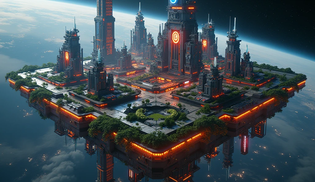 big cool futuristic scifi cyberpunk city on space cube station, above on the black space, yellow futuristic cyberpunk city, hologram, LED lighting on scifi arc building, green plant on building of city, 8K, full HD, 3d render, Unreal Engine, Octance Render