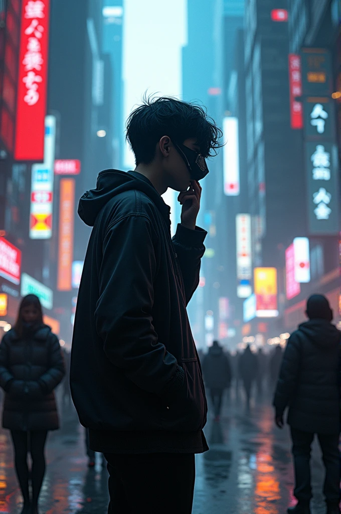 person highlighted from the side holding a mask with one hand, in a city with people walking normally, Image with Bloom and cyberpunk style