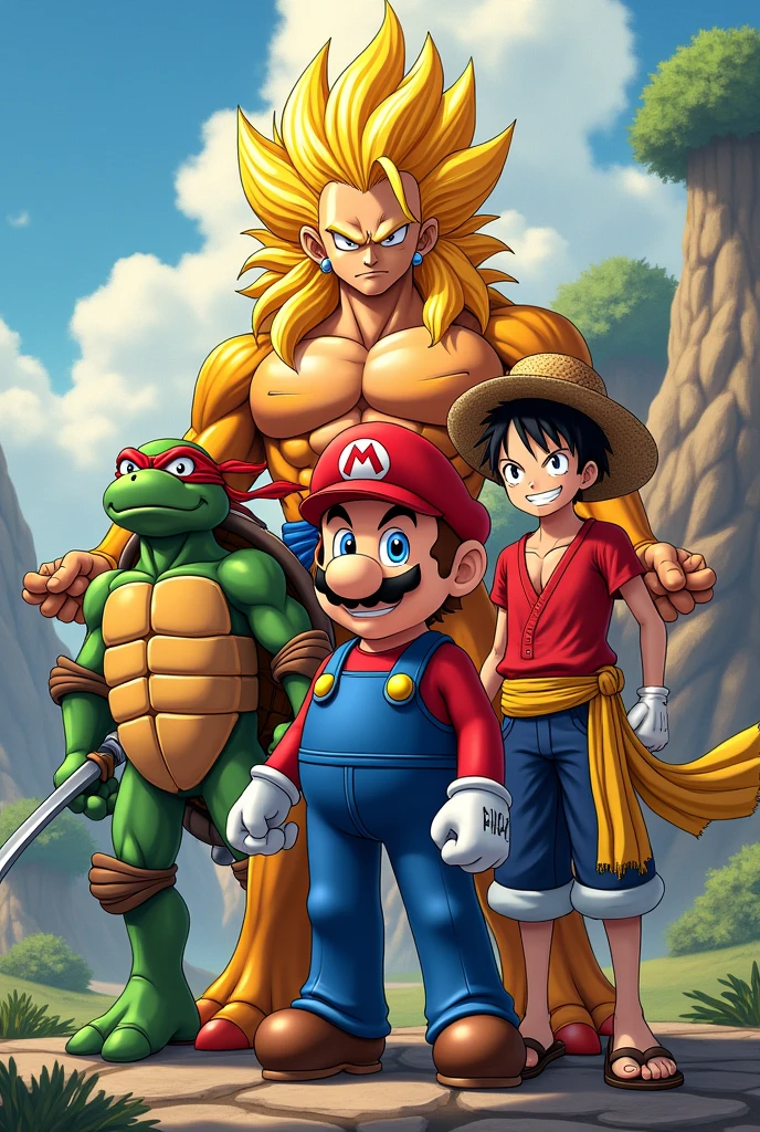 Super Mario, ein Super Sajajin, Raffael from the Ninja Turtles, monkey D.Ruffy, as a group photo 