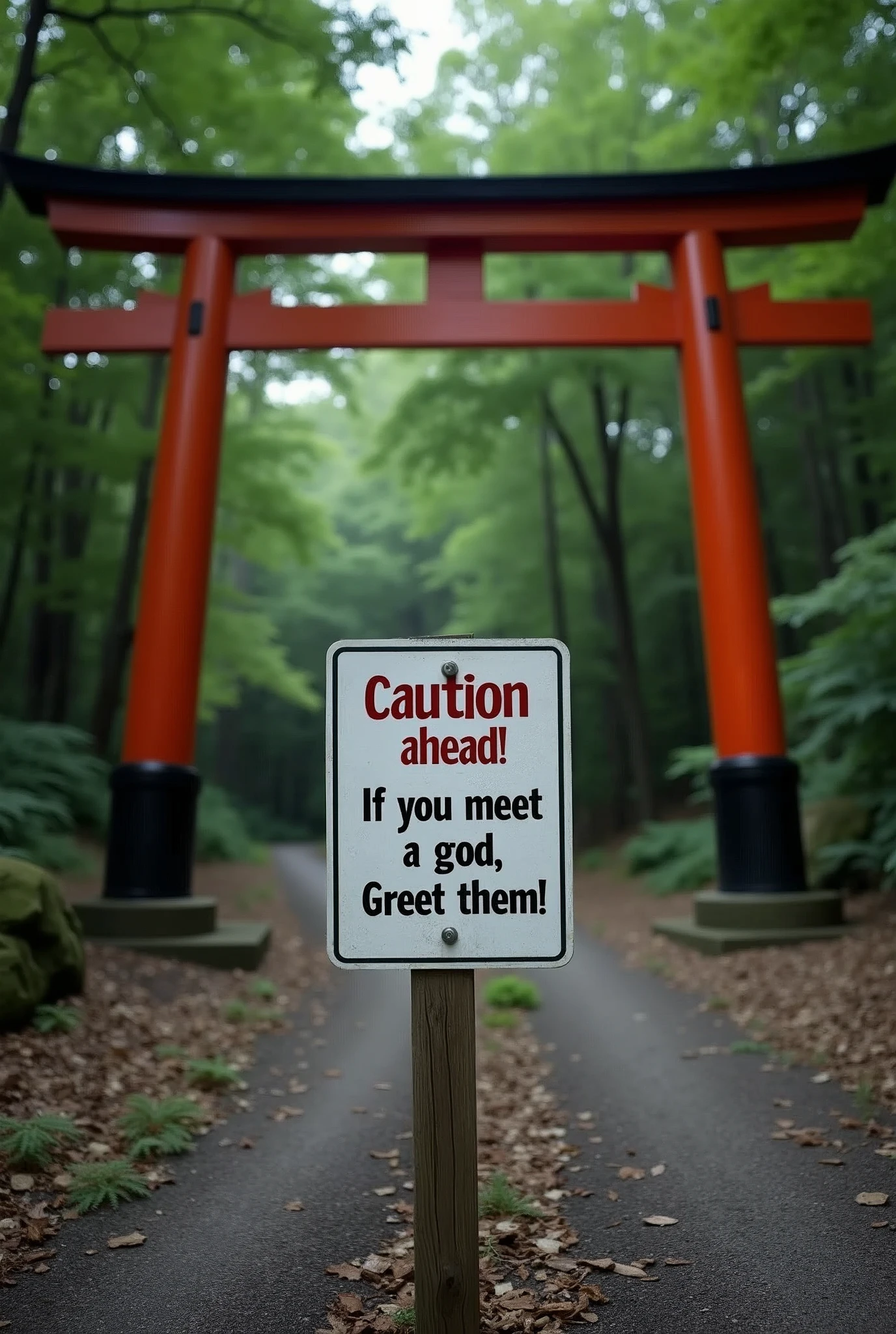 Typography sign standing at the entrance of the forest、((("Caution ahead!If you meet a god, greet them.!!"")))、Sign at the entrance of a deep forest、"Misty Forest"、Mysterious Forest、Typography sign that reads "Forest where gods dwell"、"Mountain where Japanese gods dwell"、Big red torii gate、
