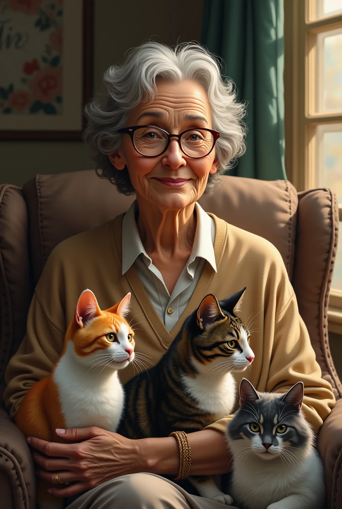 An old woman with brown skin, short, brown hair, Wearing glasses. She is accompanied by three cats: a tabby, another tricolour, and a grey one with white. The scene should convey warmth and tranquility