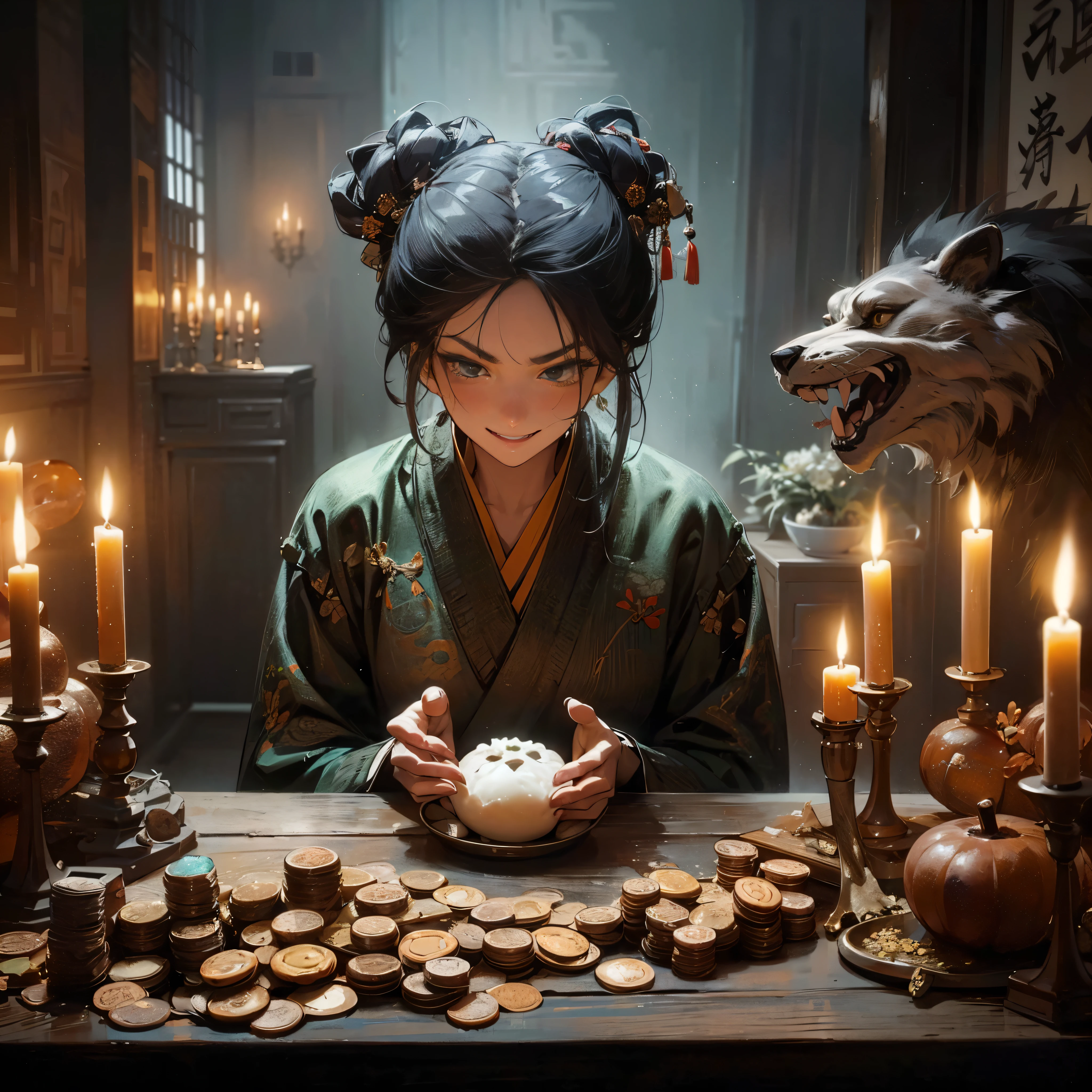 (masutepiece:1.2), (Best Quality:1.2), (high resolution:1.2), (beautiful face and eye:1.2), (sharpest focus:1.2), (Ultra-realistic Photo:1.2), (Ultra-precise Photo:1.2), (Depth of field:1.2), (perfect anatomy:1.2), (nice hands:1.2),
(perfect hands:1.2), (Chinese Song dynasty bar hostess:1.0), (Beautiful middle-aged woman holding a large steamed bun in her hands:1.0), (Gruesome and cruel smile:1.5), (Fierce smile:1.5),
(Proprietress lit by a simple candelabra:1.0), (Large quantity of Chinese Song dynasty coins piled on a crude table:1.0),