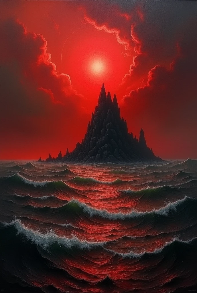 sea of blood red sky with black clouds and an island in the middle of the sea oil painting 