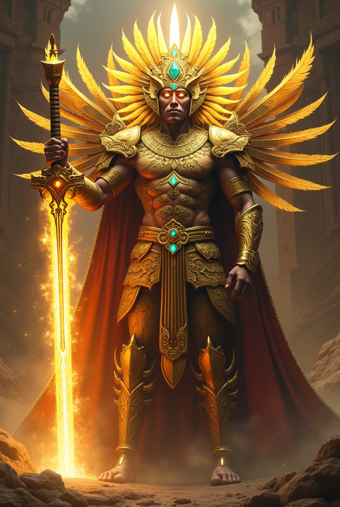 **Appearance:** *The Living God* He is an imposing and grand figure with a visual style reminiscent of ancient Mexican legends of living gods. His body is covered in detailed golden armor, with motifs and patterns that evoke Aztec art. The armor is adorned with feathers and sacred symbols. He wields an energy sword that glows with an intense golden light. His eyes are like brilliant jewels, reflecting an ancient wisdom.

