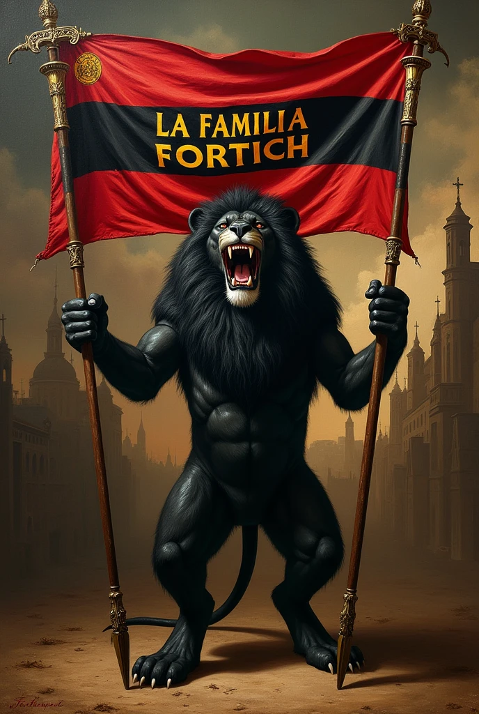 CREATE A PAINTING LIKE Renaissance. ANGRY BLACK LION HOLDING SPEARS WITH BLACK RED FLAG. TEXT : LA FAMILIA FORTICH. AND DETAILED IMAGE.