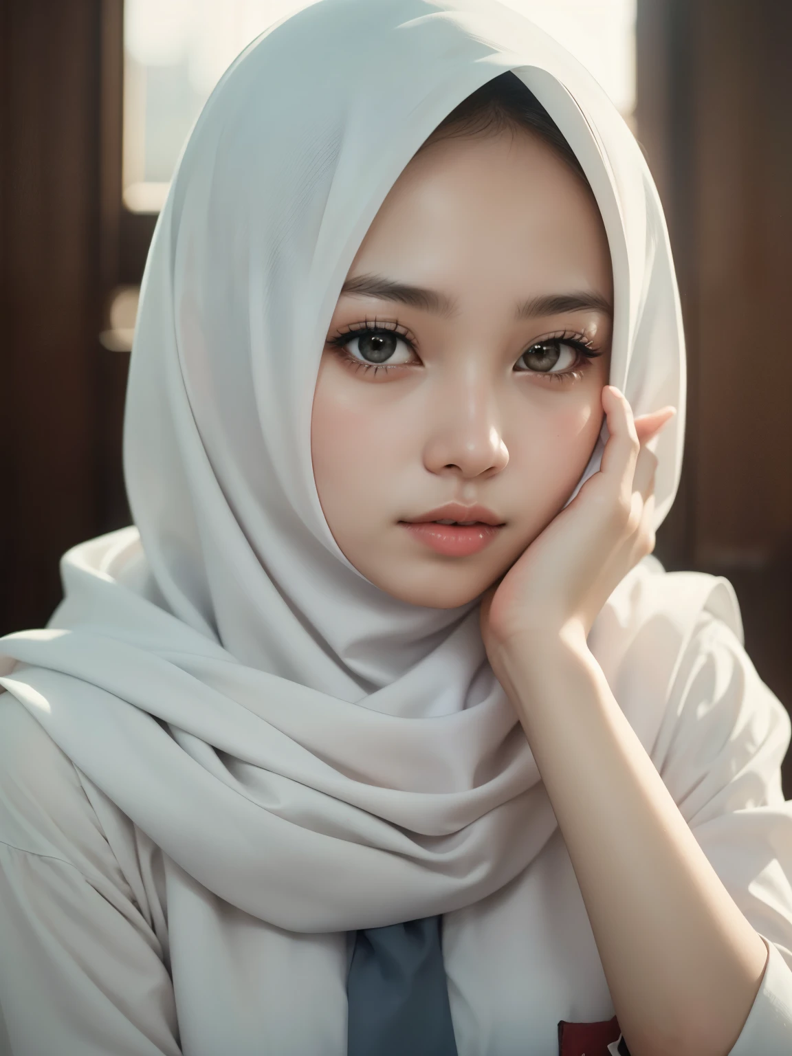 beautiful Indonesian High school girl , (white hijab), young, seragamsmahijab, school, hyper detailed, photorealistic, 8k, high quality, realistic, extremely detailed, intricate details, cinematic lighting, beautiful, erotic, sensual, intimate, delicate, soft, tender, glowing skin, natural lighting, warm tones