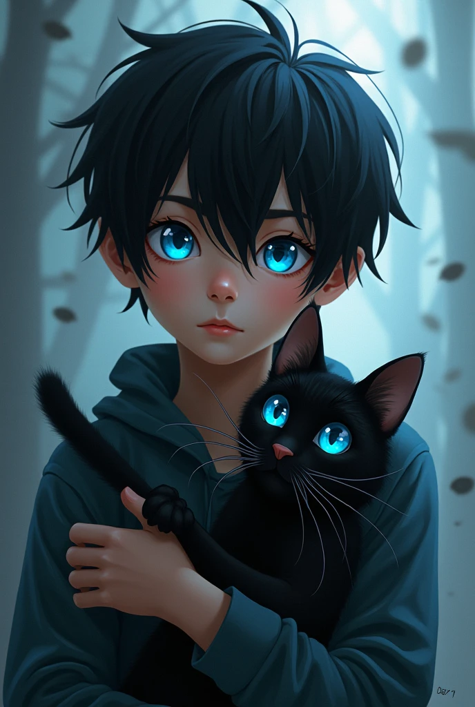A black-haired teenage boy with blue eyes with a black cat with blue eyes