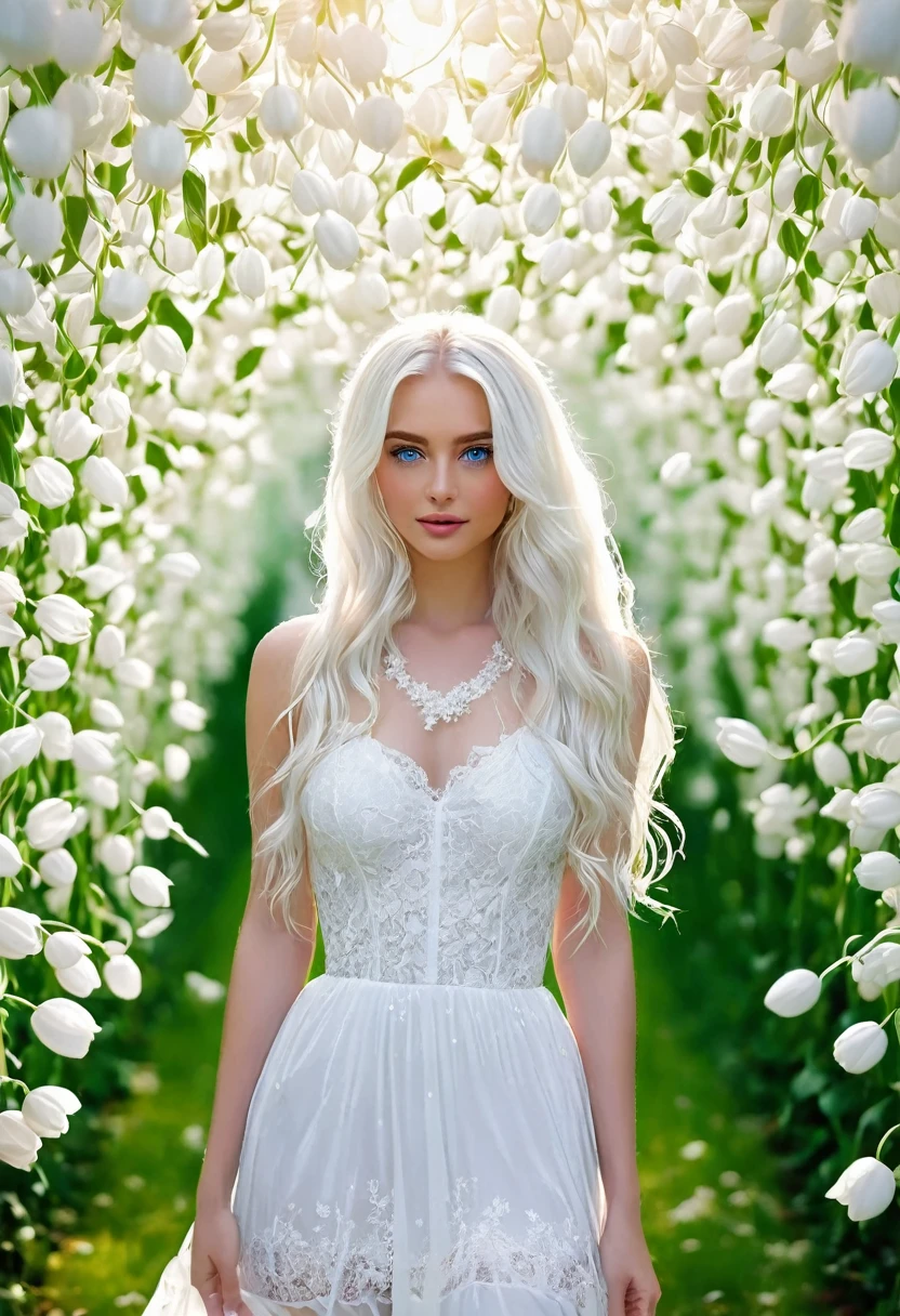 Surrounded by falling green leaves ((In the air there are shining strings attached to her body)) I am a girl with blue eyes and long hair, White hair, Wearing a white lace tulip-shaped gown，A white scarf around the waist，Wear white booties on your feet"