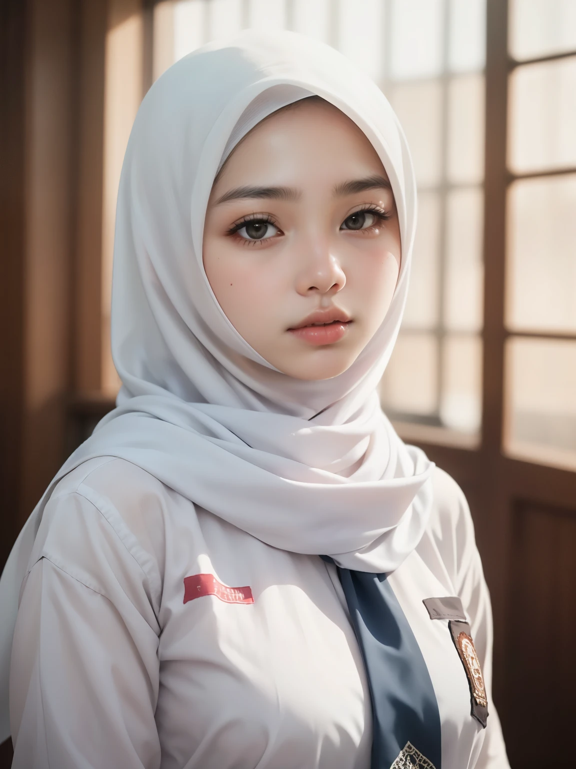 beautiful Indonesian High school girl , (white hijab), young, seragamsmahijab, school, hyper detailed, photorealistic, 8k, high quality, realistic, extremely detailed, intricate details, cinematic lighting, beautiful, erotic, sensual, intimate, delicate, soft, tender, glowing skin, natural lighting, warm tones