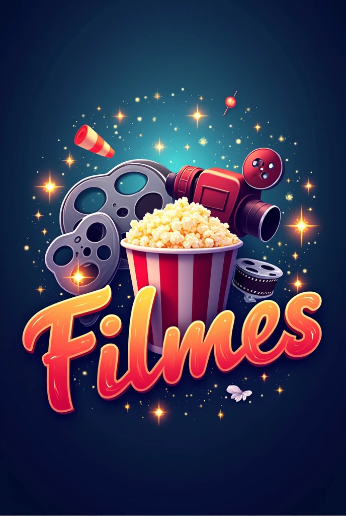 A logo-type image with the name "movies" / the word must be in portuguese . A imagem tem que ter topic related things e ser bonita, fly away , animation article time like popcorn bucket, camera roll, topic related things