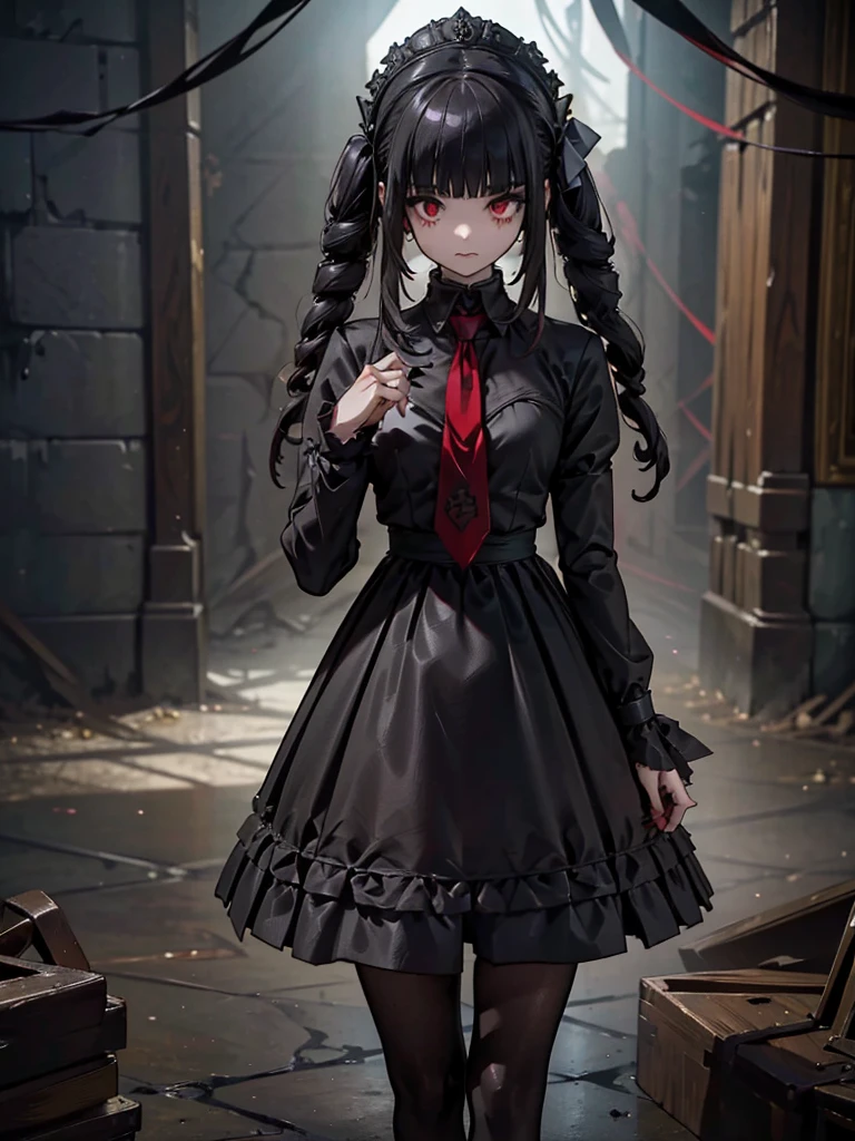 Black maid outfit, whole body, Long black hair,Red eyes,In the spotlight,(It generates high-quality female works with a dark and insane horror movie-like world view centered on black. She has a creepy and attractive physique、whole body黒のファッションスタイルを着ています. The background is a dark and desolate landscape, An atmosphere like a horror movie setting. Her figure is terrifyingly beautiful, Emphasizing dark and insane elements. Light and shadow effects are skillfully expressed, detailed, The face and expression in the black attire are meticulously drawn, Artistic elements add depth to the work. The overall atmosphere exudes an eerie and nightmarish worldview, With a unique artistic touch. This movie is、It depicts the dark and insane world of a horror movie in high quality, Evoke visual stimuli and aesthetic sense, It will give viewers fear and excitement. It produces a work that blends the dark and insane worldview of a horror movie with artistic elements.