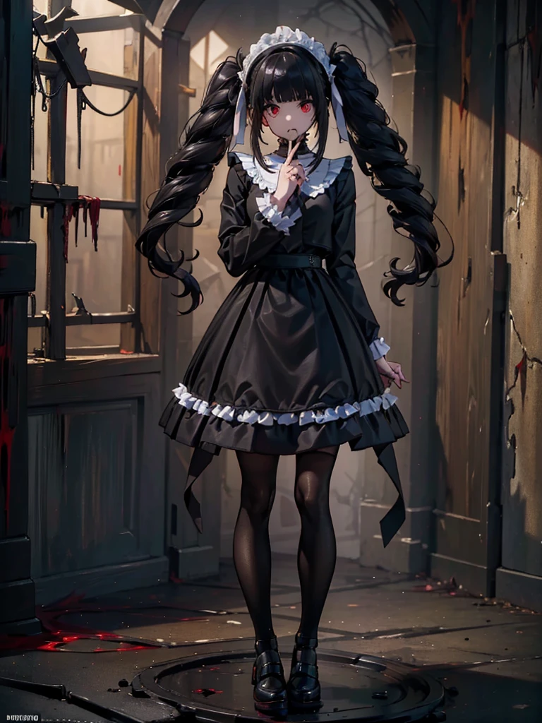 Black maid outfit, whole body, Long black hair,Red eyes,In the spotlight,(It generates high-quality female works with a dark and insane horror movie-like world view centered on black. She has a creepy and attractive physique、whole body黒のファッションスタイルを着ています. The background is a dark and desolate landscape, An atmosphere like a horror movie setting. Her figure is terrifyingly beautiful, Emphasizing dark and insane elements. Light and shadow effects are skillfully expressed, detailed, The face and expression in the black attire are meticulously drawn, Artistic elements add depth to the work. The overall atmosphere exudes an eerie and nightmarish worldview, With a unique artistic touch. This movie is、It depicts the dark and insane world of a horror movie in high quality, Evoke visual stimuli and aesthetic sense, It will give viewers fear and excitement. It produces a work that blends the dark and insane worldview of a horror movie with artistic elements.