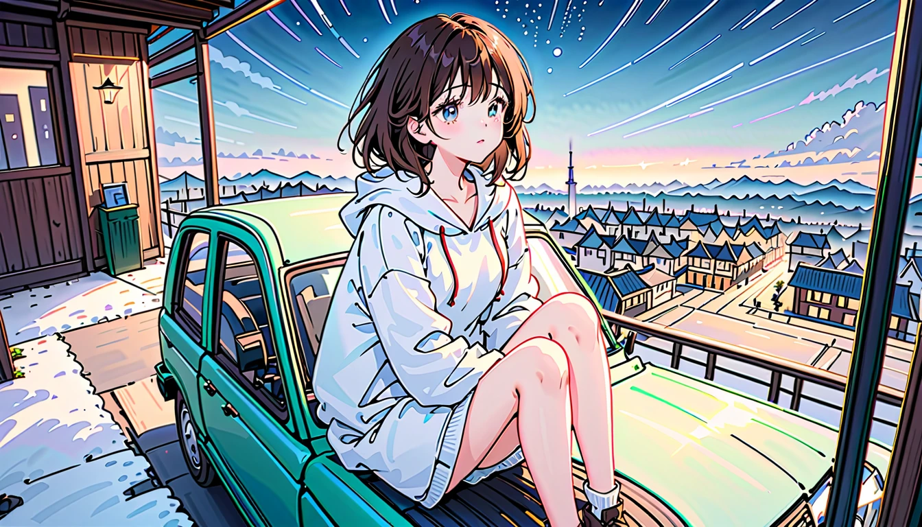 1girl, full body, far view, and cute, city street, brown hair, masterpiece, exquisite, city building lights, white hoodie, heterochromatic pupils, 45 degrees looking up at the starry sky, high and cold expression, sitting on the roof of the car shed, slightly longer cuffs