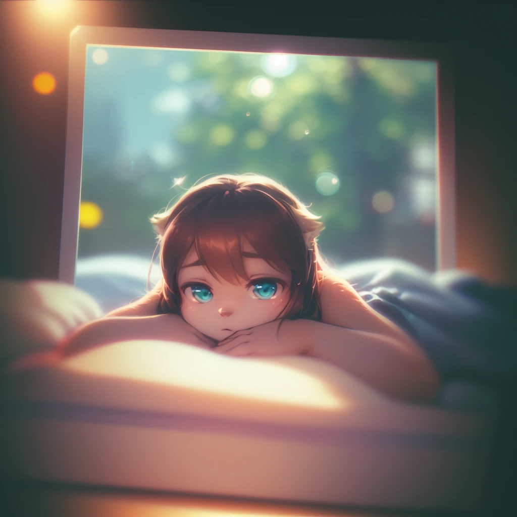 (Sumilux f1.4 36mm , Polaroid , low Latitude old color negative film , cross process , (bokeh), Long exposure , blur , flare, chromatic aberration , soft focus, (Shallow focus) , soft glow , Maximum aperture, low Key , Transparent depiction , Tyndall:1.2) , thick woman , looking away , in the bedroom , dim light , lying down