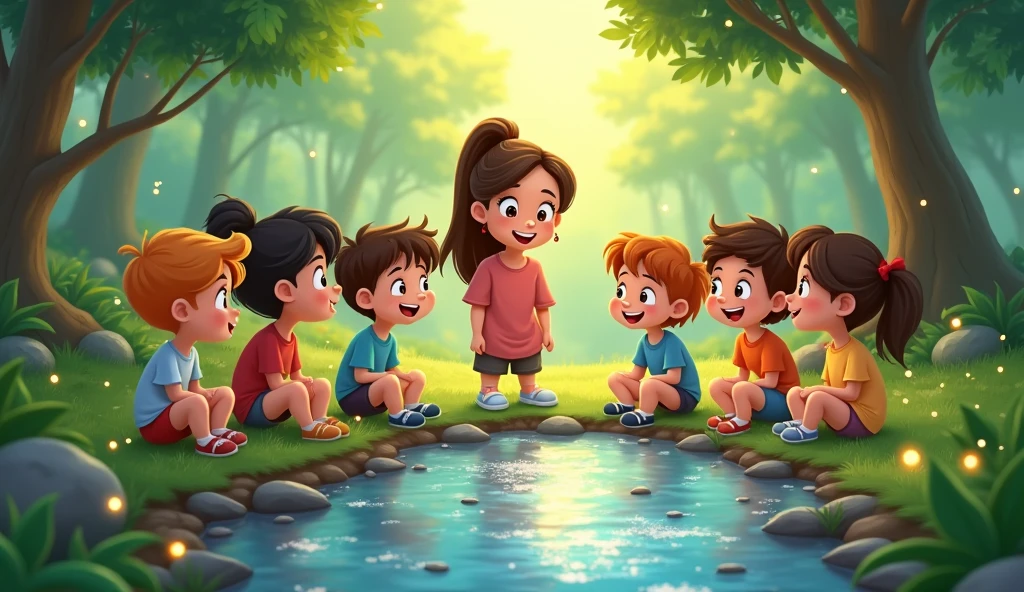 The cartoon kids group takes a short break at a clearing, where they gather around a sparkling stream. The teacher lady smiles and asks, “Who’s ready to count even higher?”
The kids cheer, and a little bit of Disney magic appears, like glowing particles or a gentle wind that lifts a few leaves playfully.