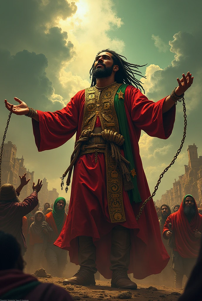Reggae album cover King Jah Selassie freeing his people from Babylon the Great , rastafarian