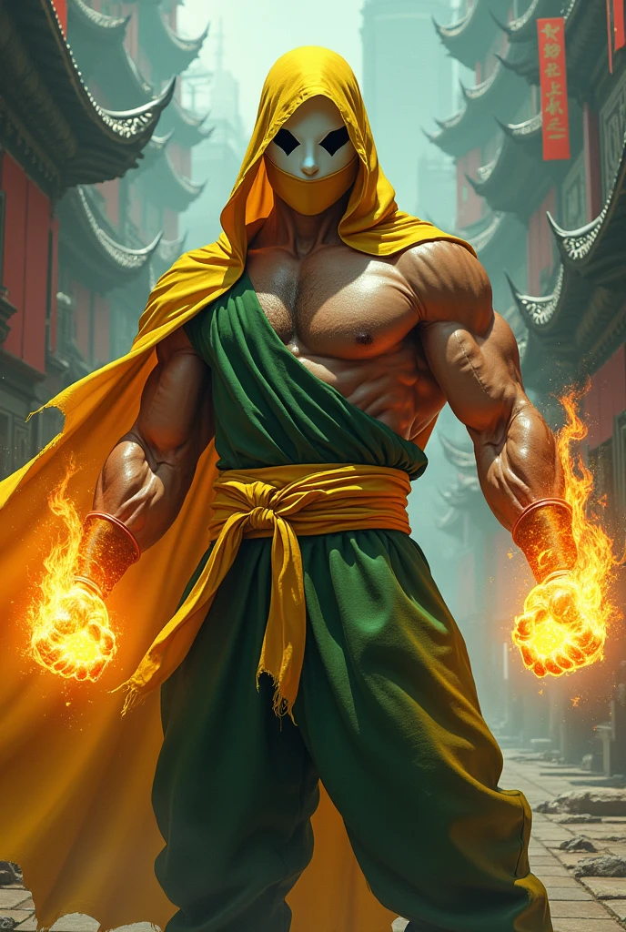 1man, shirtless, martial arts, yellow cowl mask, white eye part with black outline , muscular, green costume, yellow belt and boots, burning fists, mystical city background