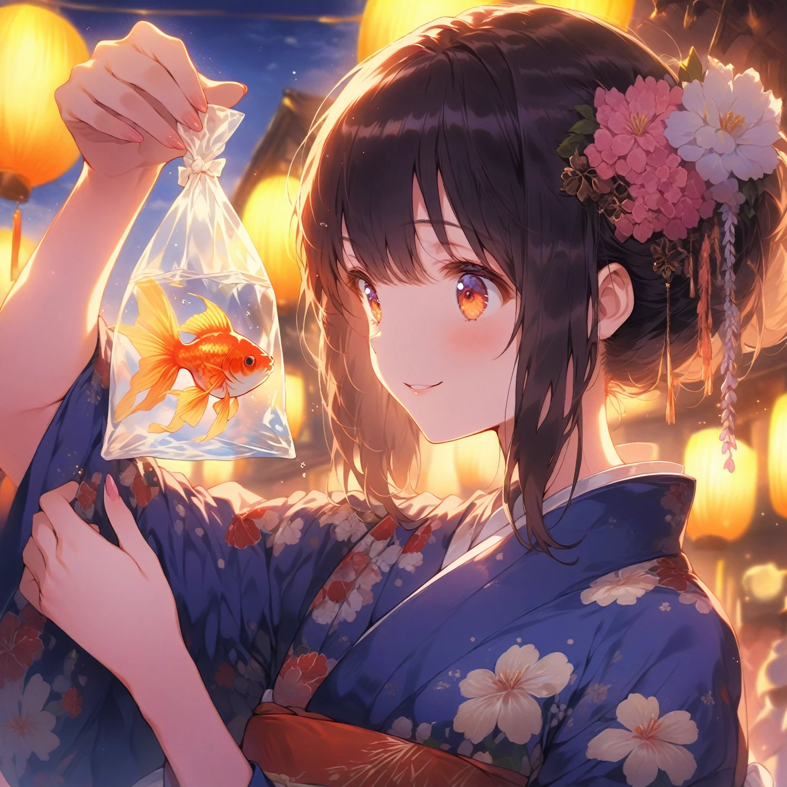 score_9_up, score_9, score_8_up, score_7_up, source_anime,masterpiece, best quality, high resolution, extremely detailed CG, absurdres, highres,On the evening of the summer festival, 1girl, solo, a girl in a yukata holds a goldfish in a small transparent plastic bag. The girl lifts the bag in front of her eyes and looks at the goldfish with a gentle smile, good_hands, Long eyelashes, detailed beautiful eyes, looking away