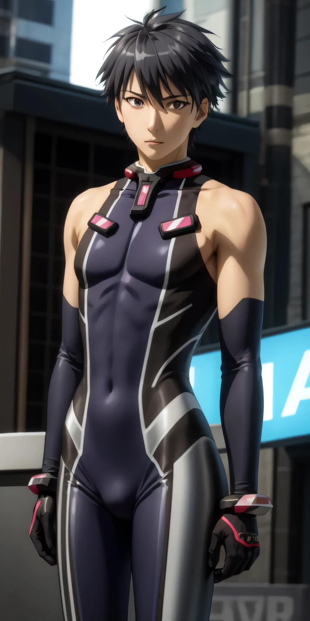 (Realistic:1.3)、kisaragi hayato\(hundred\)、Transformable Suit\(kisaragi hayato\)、Taimanin Suit、Purple bodysuit、Silver lining、No sleeve、Exposing shoulders、gloves、solo、View your viewers、Cowboy Shot、Male focus、Very snug rubber:1.3、Short Hair、bangs、Black Hair、1 person、Hair between the eyes、Black gloves、