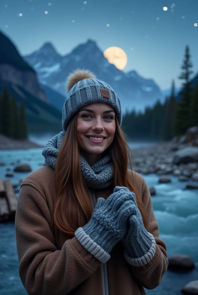 photoshot, photoshot wanita cantik, swaphotoshot, upper body, alone, wearing warm clothes, outdoors, (night), mountains, real world, bintang, month, cheerful, happy, gloves, sweater, beanie, forest, stone, river, wood, asap, kabut, looking towards the audience, skin texture, butiran photoshot, close up, photoshot RAW