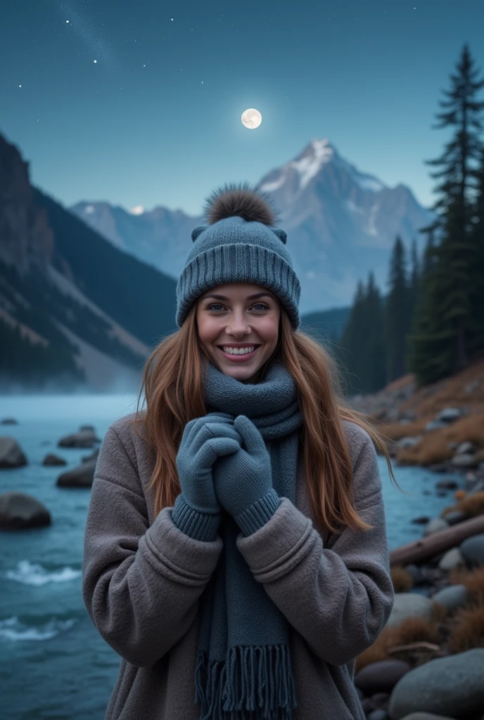 photoshot, photoshot wanita cantik, swaphotoshot, upper body, alone, wearing warm clothes, outdoors, (night), mountains, real world, bintang, month, cheerful, happy, gloves, sweater, beanie, forest, stone, river, wood, asap, kabut, looking towards the audience, skin texture, butiran photoshot, close up, photoshot RAW