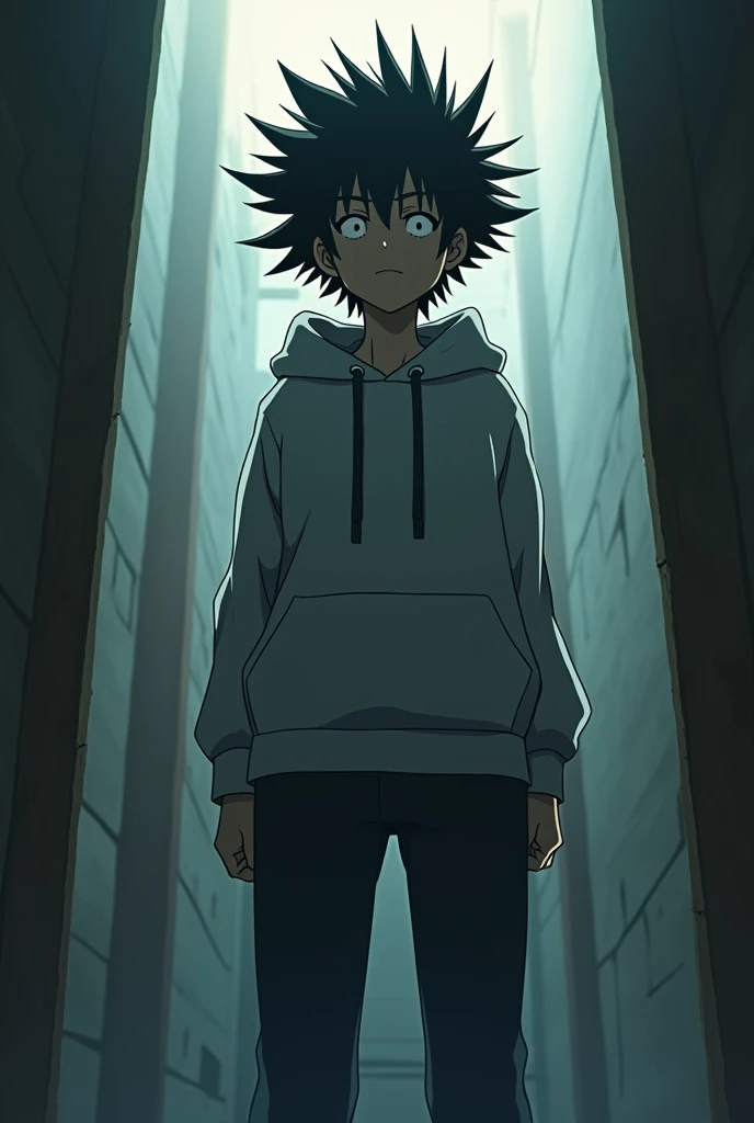 Anime character make 
TALL HEIGHT  AND SPIKEl HAIR 
BODY wear a hoodie and  Background is Room Fortune sida face no mouth  face a straight 