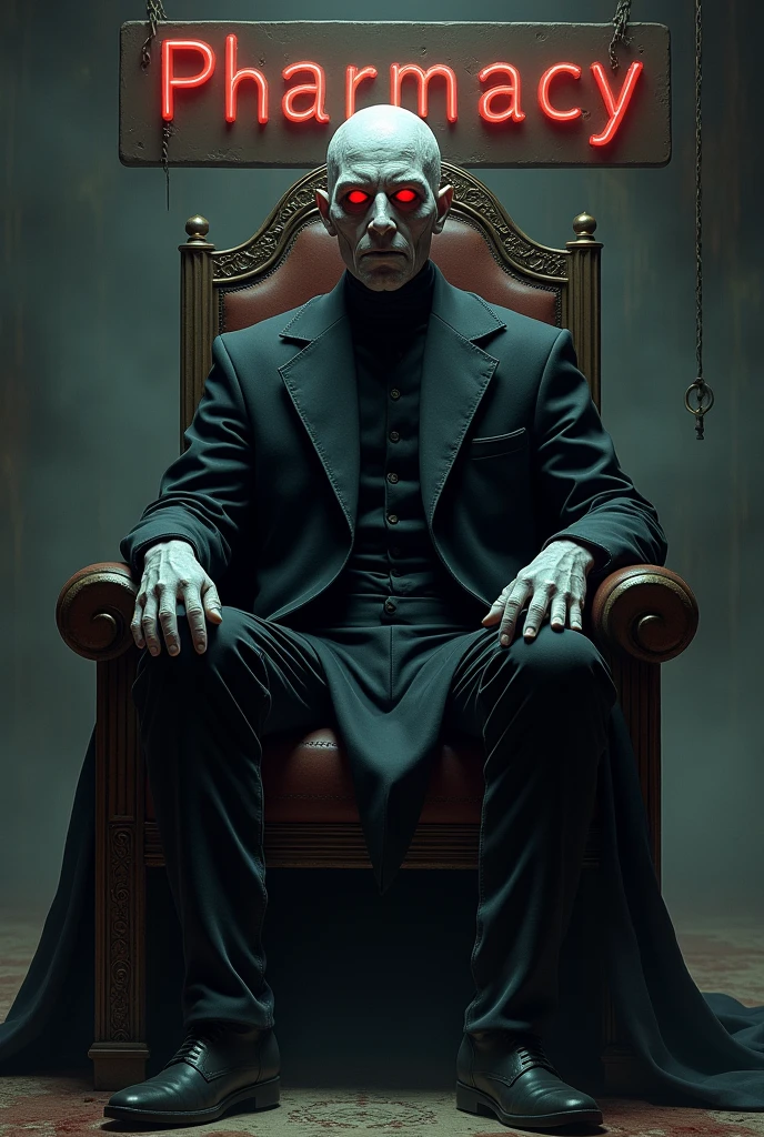 A white man dressed in black with red eyes sitting on a throne with the head of a doctor, and behind him a sign that says pharmacy.