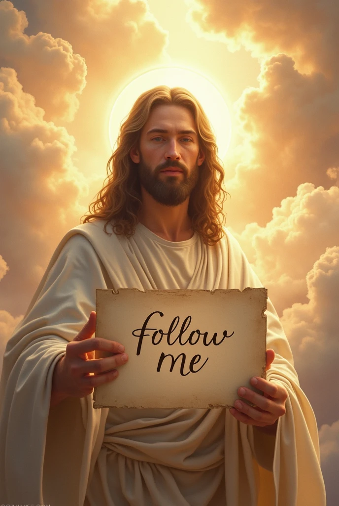 Jesus au paradis avec un pancarte qui dit follow me