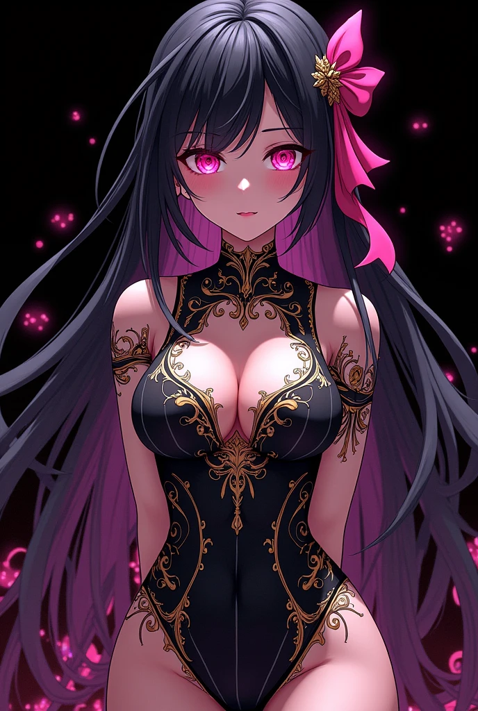 pink eyes, black hair, ((pink highlights)), Pink ribbon in hair, ((black background)), Official art, Unity 8k Wallpaper, Ultra-detail, Beautiful and aesthetic, masterpiece, Best Quality, (zentangle, mandalas, Tangle, Entangle), (fractal art:1.3) , 1girl, huge tits, extra thick thighs, Extremely detailed, Most Beautiful Form of Chaos, elegant, a brutalist designed, vivd colour, romanticism, Atmospheric, arms behind back, (((((anime style))))), thick body, think waist, big hips, intricate and ornate patterns, gold ornate details,