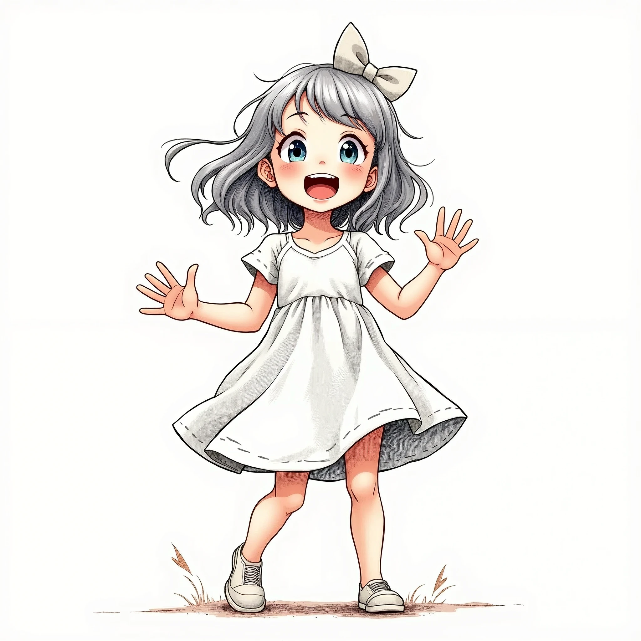 Create a drawing-style image of a beautiful girl in a dress, excited and smiling. The girl should have each hand showing exactly five fingers. She should not be carrying anything. The background should be completely white, with no other details. The girl should be looking forward with anticipation. EasyNegative, (worst quality, low quality:1.4), (((deformed))), distortions in the hands, face, and other parts, more than 1 character