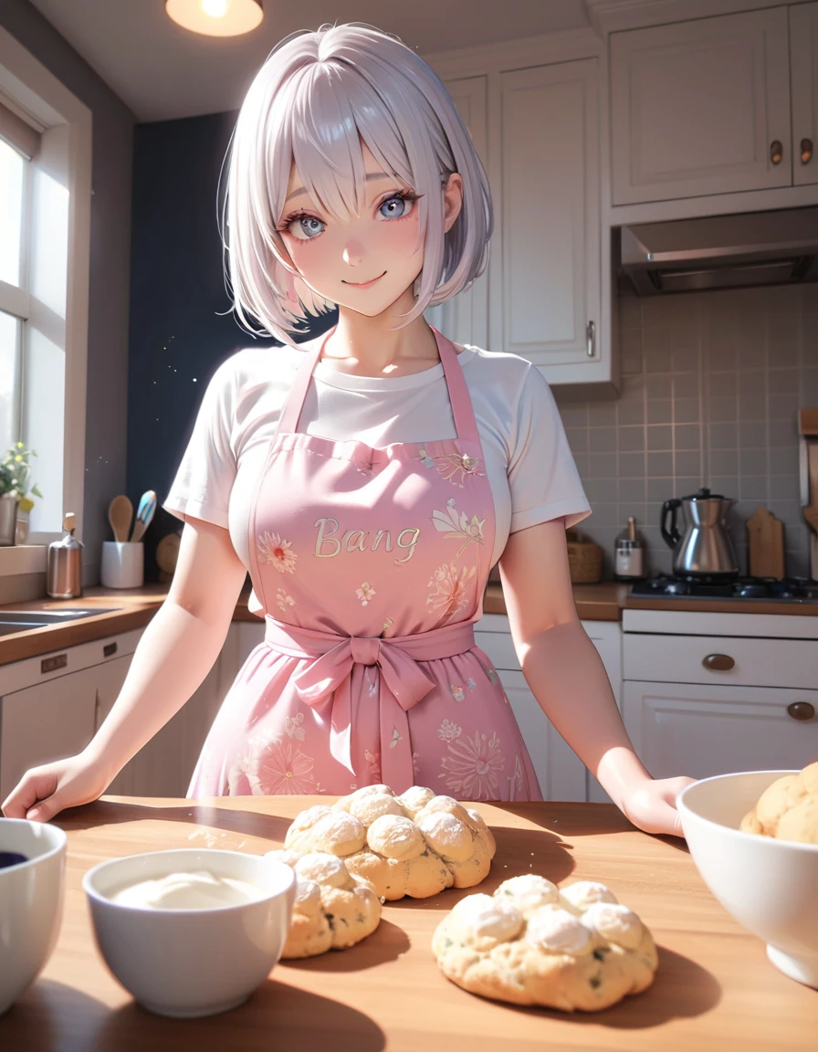 glowing particles, ambient lights, cute, pastel art, full body detailed, 4K, hdr, high details, perfect lighting, perfect anatomy, soft light, (shiny silver hair, bob cut, bang between eyes, beautiful hair), (glossy silver eyes:1.5), (beautiful eyes, twinkle eyes, large eyes, close eyes), (athlete body,large breasts), cute face, beautiful face, pretty face, beautiful, best quality, good anatomy, long eyelashes, expressive eyes, Perfect Hands, perfecteyes, BREAK pink botanical print apron, white shirt, short sleeves, morning, kitchen, happy, smile, Baking a lot ofscones,
