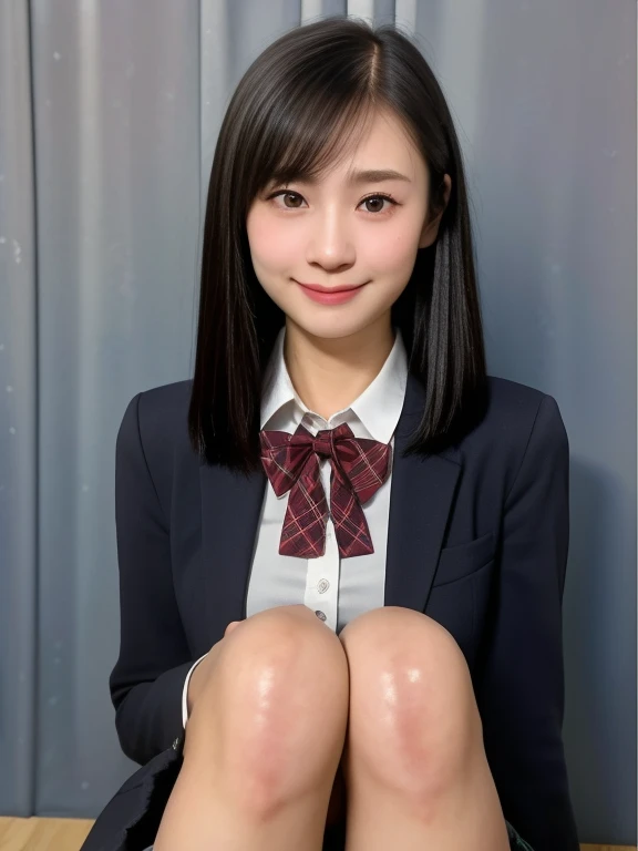 (kawaii 18 year-old Japanese girl is leaning forward, holding one's knees, Nogizaka idol, Korean idol), healthy female athlete body, (glossy black hair, short hair, pixie cut, bangs:1.3), (rounded face, pure black eyes, single eyelid, no makeup, best smile:1.2), (wearing Japanese school uniforms, blazer jacket, collared shirt, bow tie:1.3), extra small breasts, (plaid skirt, bare thighs visible:1.3), BREAK, (simple grey background:1.3), (dynamic angle, cowboy shot, thigh focus:1.2), BREAK, (masterpiece, best quality, photo realistic, official art:1.4), (UHD, 8K quality wallpaper, high resolution, raw photo, golden ratio:1.3), (shiny skin), professional lighting, physically based rendering, award winning, (highly detailed skin, extremely detailed face and eyes, anatomically correct body), Carl Zeiss 85 mm F/1.4, depth of field, 1girl, solo,