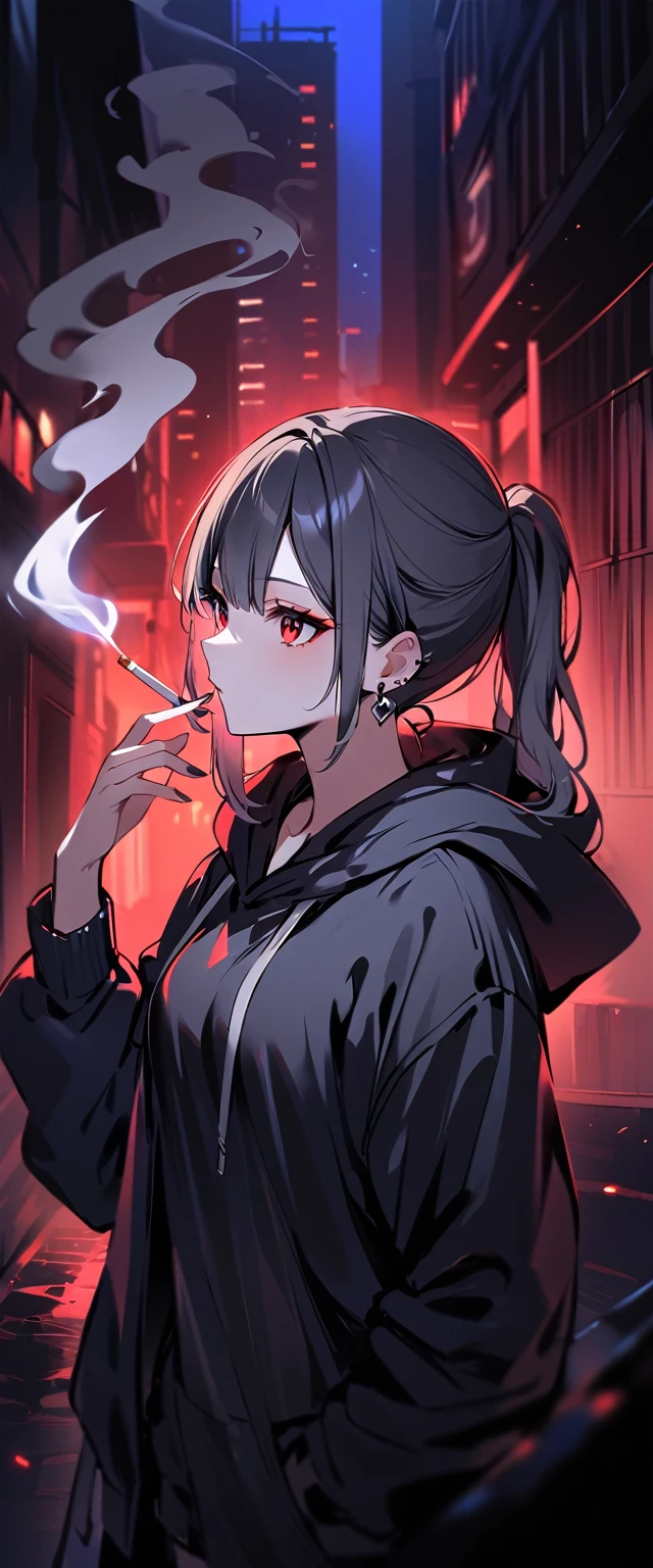 good looking, alone, 1 female, ponytail, Black hair with smoky grey tips, Red eyes,Earrings, Black Shirt, Black and white hooded, smoking, night, Black light