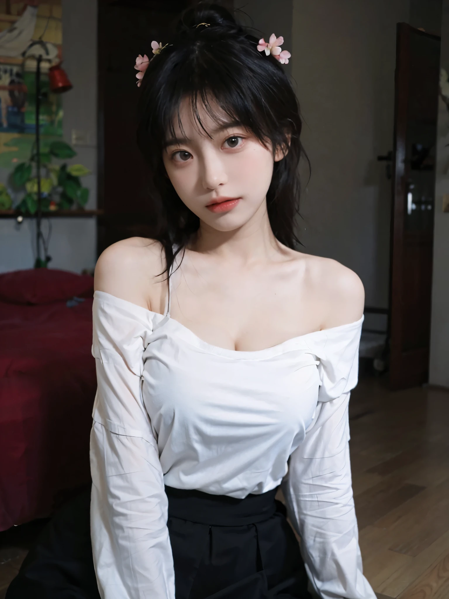 best qualtiy， Ultra-high resolution， （realisticlying：1.4）， one-girl， A pair of clear and moving peach blossom eyes,Royal sister，Off-shoulder white shirt， Black tight skirt，  （Faded gray-gray hair：1）， （big cleavage breasts：1.2）， looking at viewert， closeup cleavage ，