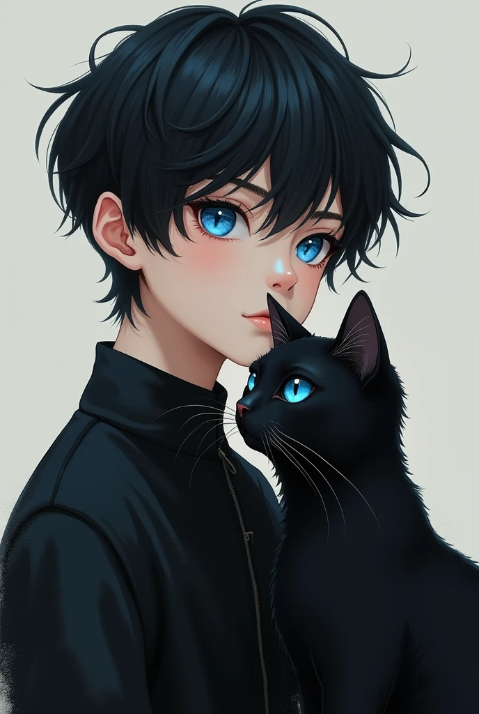 A black-haired teenage boy with blue eyes with a black cat with blue eyes