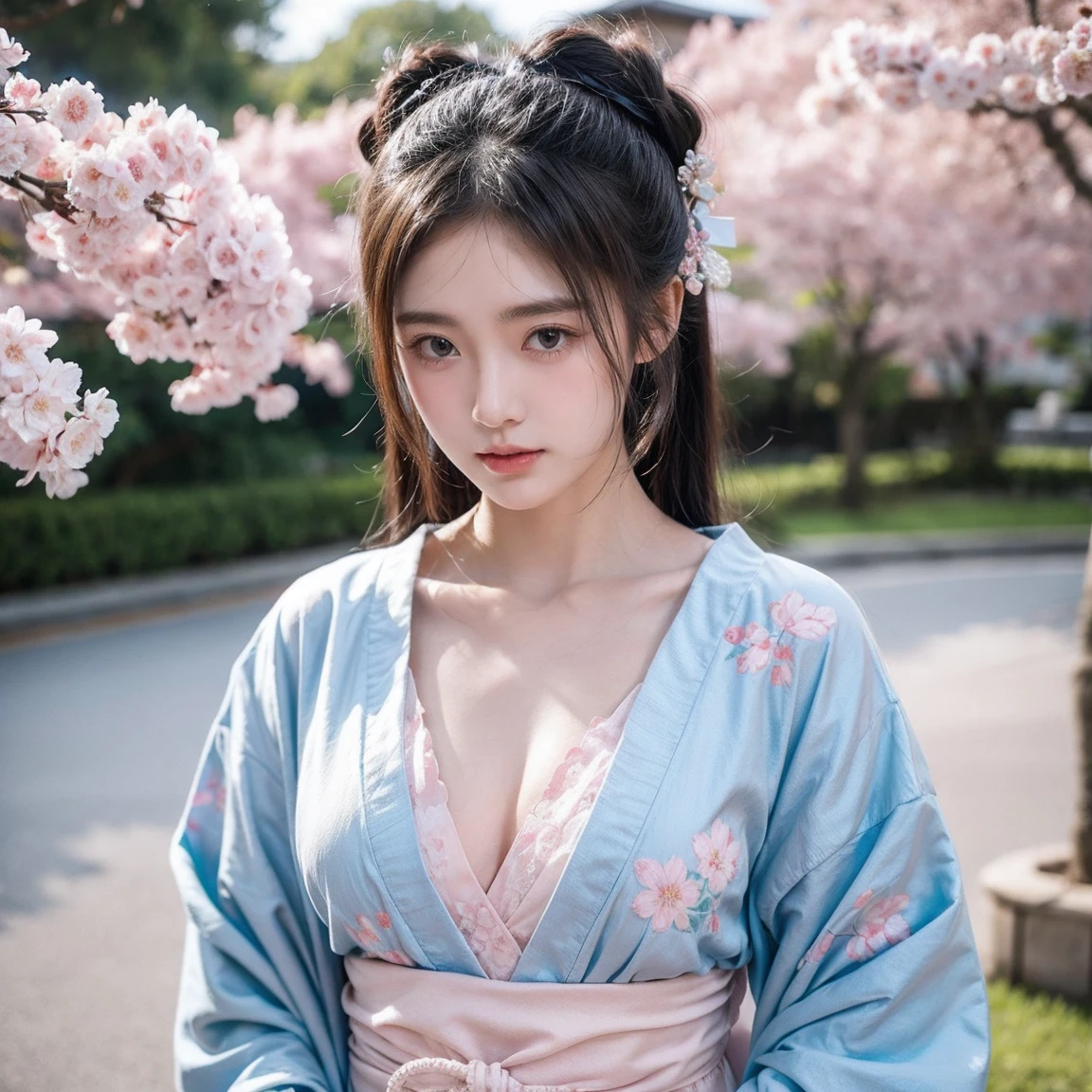 masterpiece, gorgeous, beautiful, cutes, baby face, 20yo girl, adorable, large eye, twintails, hair with bangs, white skin, cleavage,(stand pose), (Pink-Blue Pastel Coloured), Japanese Kimono, Embroidery Kimono, girly, Japanese Sakura Flowers Background, (under sakura tree), (Yakuza Tattoo), (Tattooed:1.1), fish gape selfie.