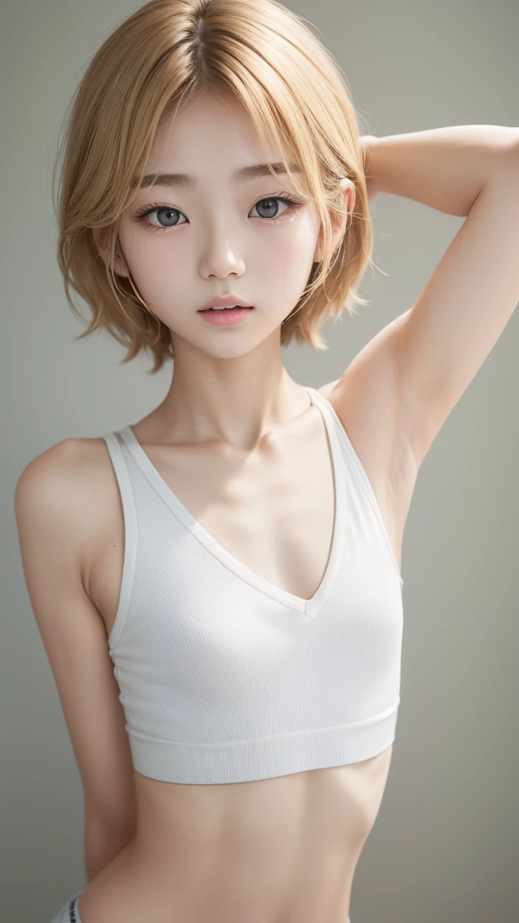 armpits,Create a photo of a korean Asian teenager,((beautiful cute idol girl:1.5)), plutinum blonde hair,10yo,narrow eyes:1.5,slim face,slim neck,((thinbody)),white tite tanktop,((rasping)),((frat chest)),((clavicle)),((Narrow eyes：1.5))、(Thin arms)、(Thin neck)、（Thin lips）、littleSmile、slimarms,