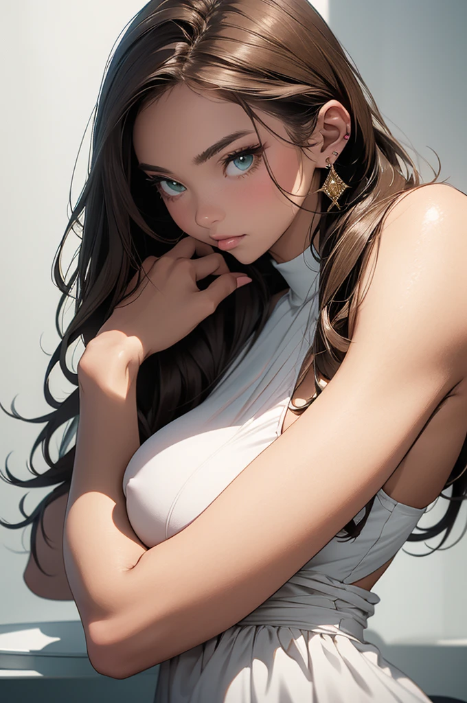 Beautiful Hands、Beautiful body、Five Fingers、Beautiful ears、Normal ear、Beautiful Eyes、Shiny eyes、Beautiful mouth、 Beautiful lips、1, Long Hair, Platinum brown hair、Shortcuts、Wavy Hair、Green eyes、Boobs fully exposed、Bare、Nipples fully visible、naked、上半身のみnaked、White sexy panties、Big earrings、White choker、Big Breasts、Big Breasts、Big Ass、Narrow waist、Skin gloss、Hands behind back、Poses that accentuate the chest、Butt sticking out pose、Very comfortable appearance、Sweating profusely、In a dimly lit prison、Adult female, Waist-length brown hair, Brown eyes, At a fancy dinner table, Gold short dress with diamonds