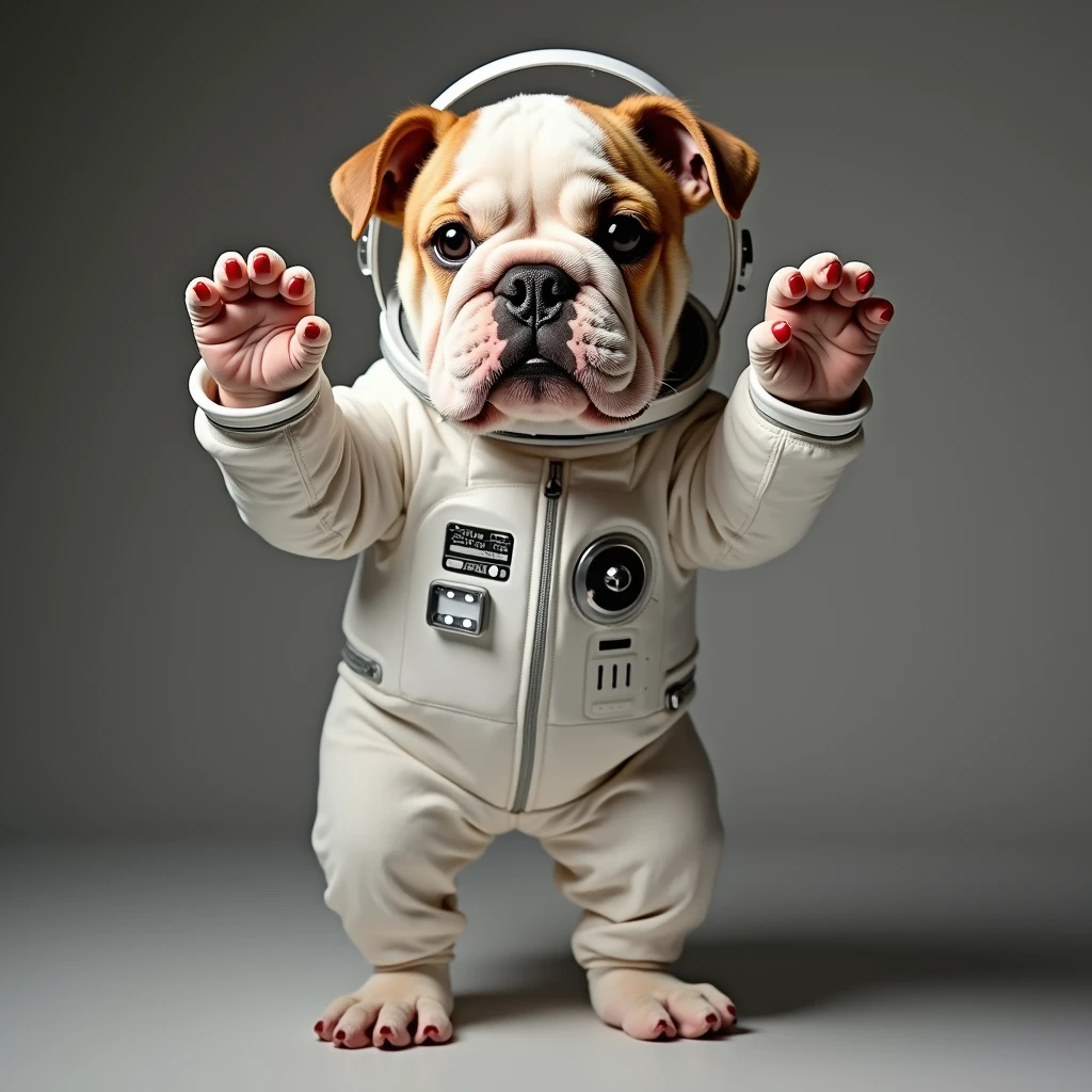 A bulldog with a big head, standing on its legs with its paws up in the air, like a human wearing a spacesuit.