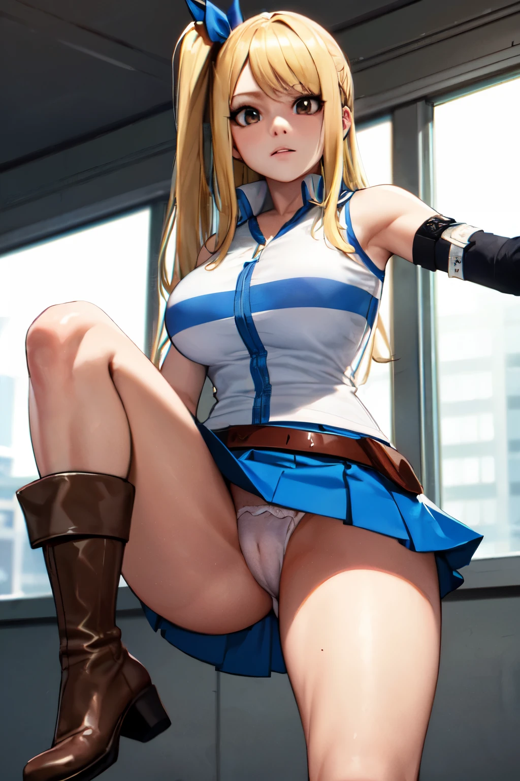 photorealistic, octane render, best quality, sharp focus, 8k, 4k, Masterpiece, realistic skin texture, extremely detailed, intricate, hyper detailed, illustration, soft lighting, high resolution, sharp detail, lucyheartfilia, brown eyes, blonde hair, long hair, one side up, large breasts, white shirt, sleeveless, belt, blue skirt, brown boots, looking at viewer, upskirt panties, sexy panties