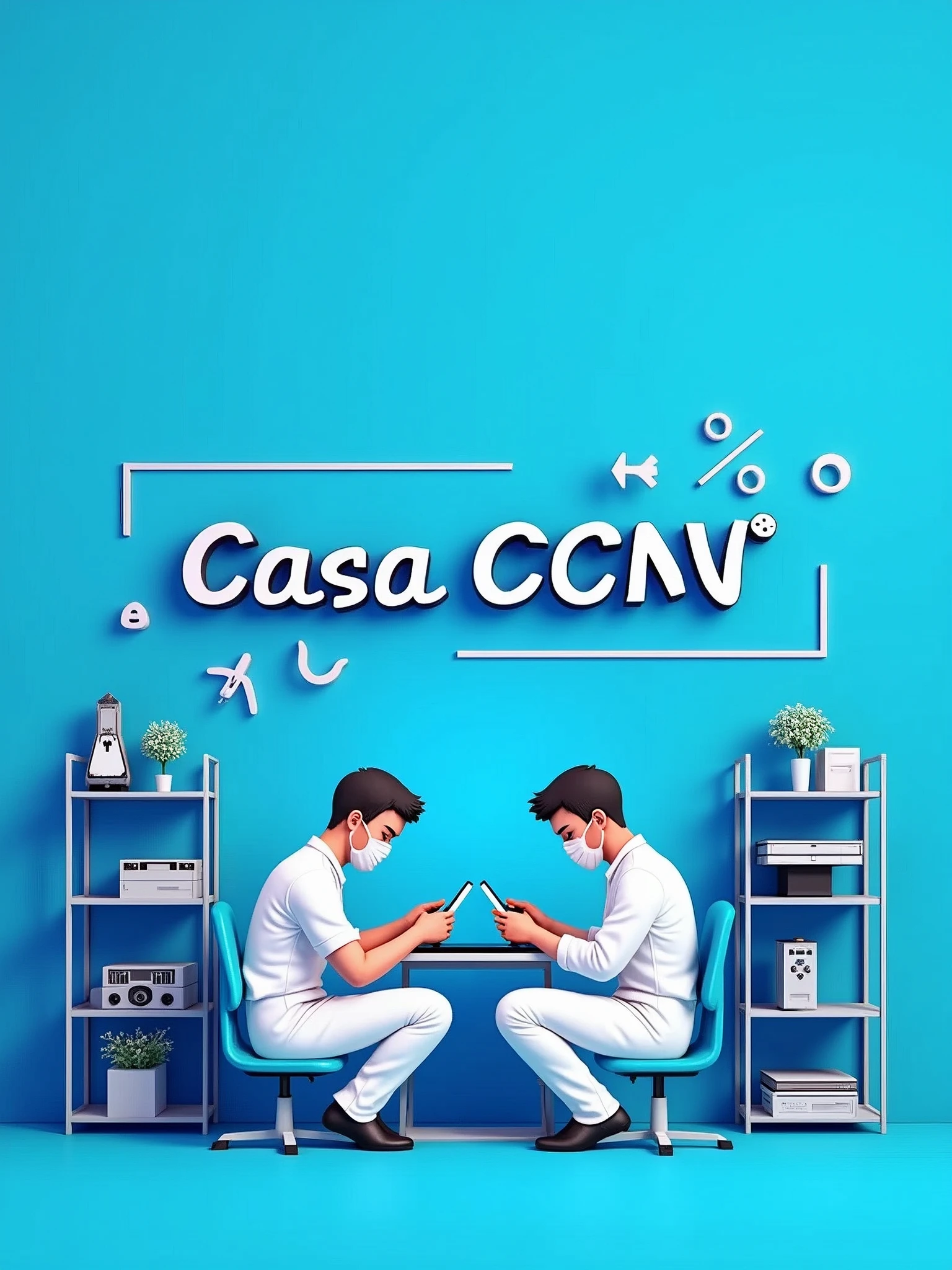 An artwork for the promotion of a smartphone repair and PS5 and Xbox video game controller repair shop named Casa CCNV, colors: cerulean,white and black
