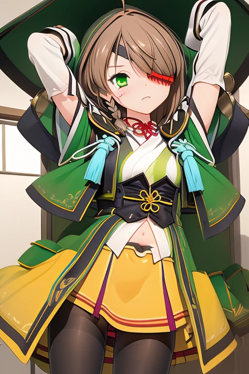 1adult woman,doggy style sex on the bed, ((Hands tied together, Arms tied above head,  handcuffed)), POV missonary sex, Panties pulled aside fuck, woman ls yamamoto kansuke, light brown hair, short hair, single braid, hair over one eye, ahoge, eyepatch, green eyes,  Belly button exposed , bra exposed, Torn pantyhose, Highest Resolution, Highest quality, The woman blushes, woman cried bitterly and tiar drop, overflow Love juice, vagina, from below, 1man, penis, in the vagina,(( A large amount of semen was poured,semen, Blood flowing from the vagina))