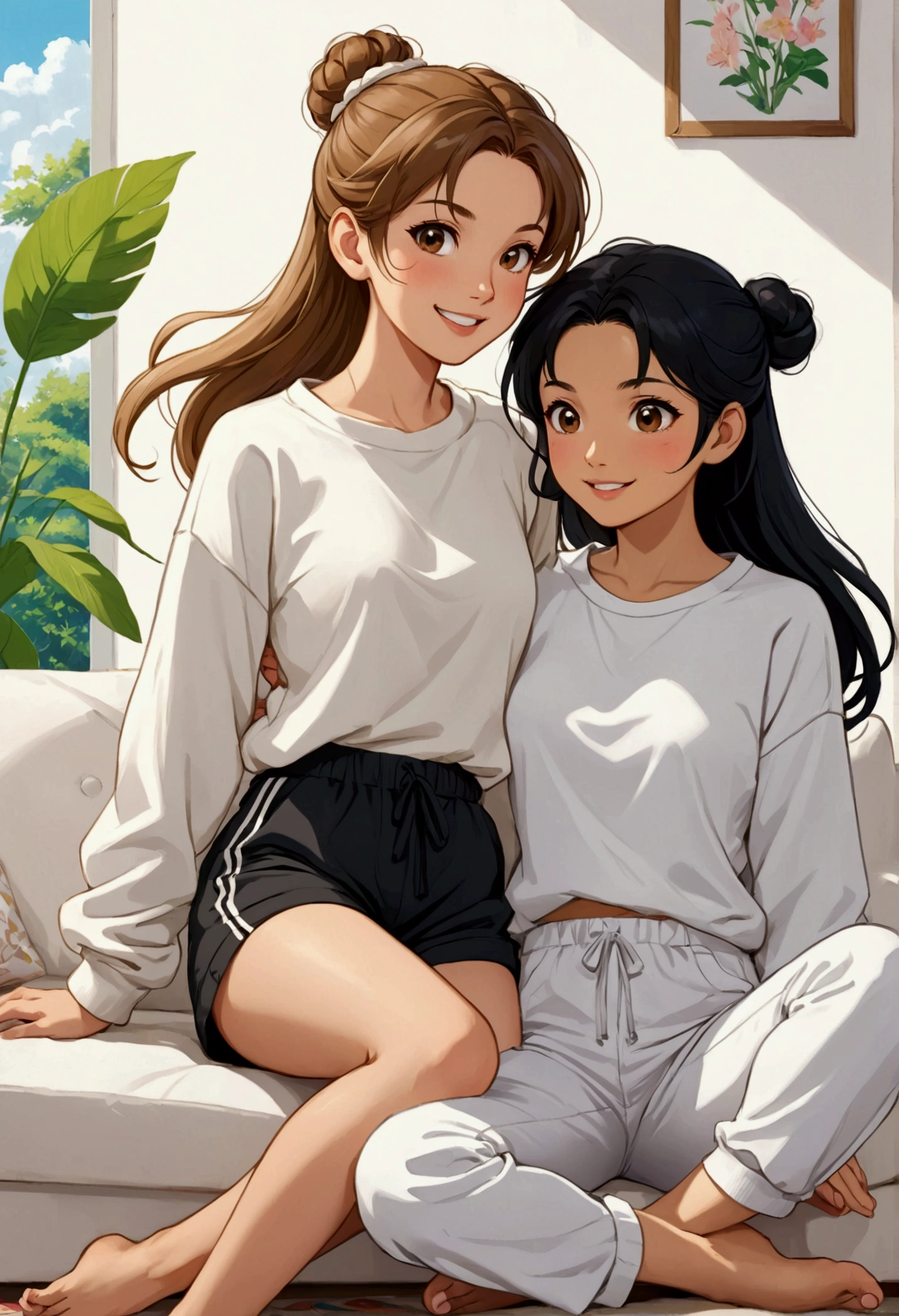 An idyllic and fun anime-style image of two beautiful young women in love, in anime style; one with light brown hair tied in a bun, delicate British features, dressed in light pants and a white loose t-shirt, she is barefoot, Next to her is a beautiful young Asian woman with long black hair, dressed in a white sweatshirt and black shorts, she is barefoot; both are sitting in an Indian position, one leaning on the other, on a white two-seater sofa and they are playing video games, they are having fun, laughing and having a pleasant time together, there is a lot of complicity, intimacy and sweetness between them. illustration, Realistic, animated, photography, poster, Fashion, portrait photography