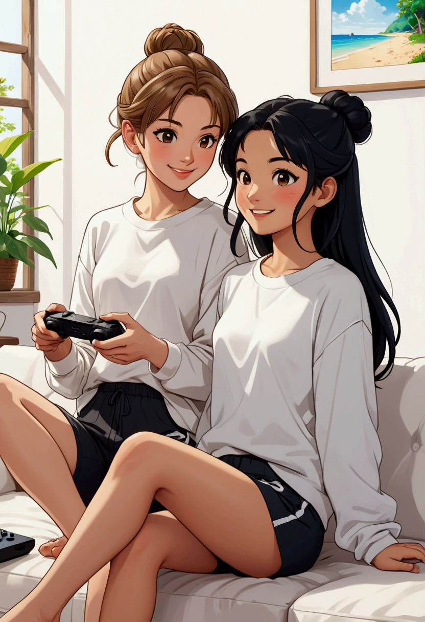 An idyllic and fun anime-style image of two beautiful young women in love, in anime style; one with light brown hair tied in a bun, delicate British features, dressed in light pants and a white loose t-shirt, she is barefoot, Next to her is a beautiful young Asian woman with long black hair, dressed in a white sweatshirt and black shorts, she is barefoot; both are sitting in an Indian position, one leaning on the other, on a white two-seater sofa and they are playing video games, they are having fun, laughing and having a pleasant time together, there is a lot of complicity, intimacy and sweetness between them. illustration, Realistic, animated, photography, poster, Fashion, portrait photography