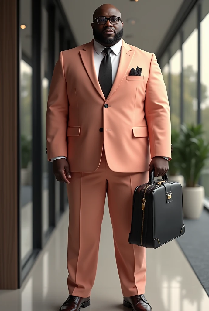 Create a middle-aged Black man, extremely handsome, tall, with a long head, long, thick legs, plus-size style, but no belly, has a chin dimple, fleshy lips, Smiling and big eyes, expressive, wears glasses, straight hair in a military style with a center part
Wearing a modern Armani Italian linen suit, slim fit model,  salmon color, in a corporate setting, holding an executive briefcase in hand
