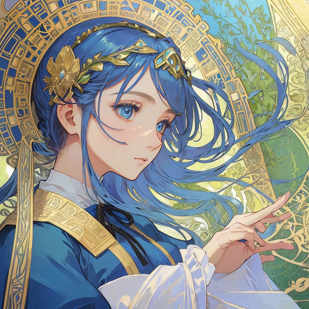 1 girl, (masterpiece, highest quality, highest quality, beautiful and aesthetic: 1.2), (1 girl: 1.3), lots jewelry, delicate clothing, square picture frame, ((face)), sharp pupils, cool face, (Alphonse Mucha's), Traditional Arab dress,Headpiece, blue color hairstyle,Front blur, Ultra-detailed, Soft Light, Gentle colors, solo, Bun Hair, profile