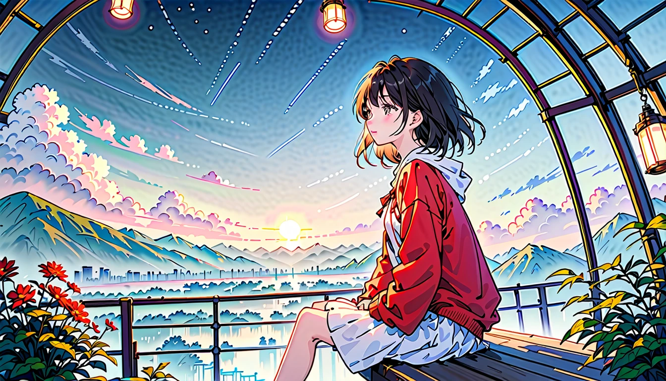 Highest quality, masterpiece, Very detailed, Detailed Background, anime, One girl, Young girl, Short girl, sf, sf, Outdoor, night, Starry Sky, greenhouse, huge structure, Biodome, Wind景, scenery, horizon, rooftop, sitting on rooftop, Wind, avert your eyes, Atmospheric lighting, Focus Only, close, From the side, Depth of written boundary, Bokeh